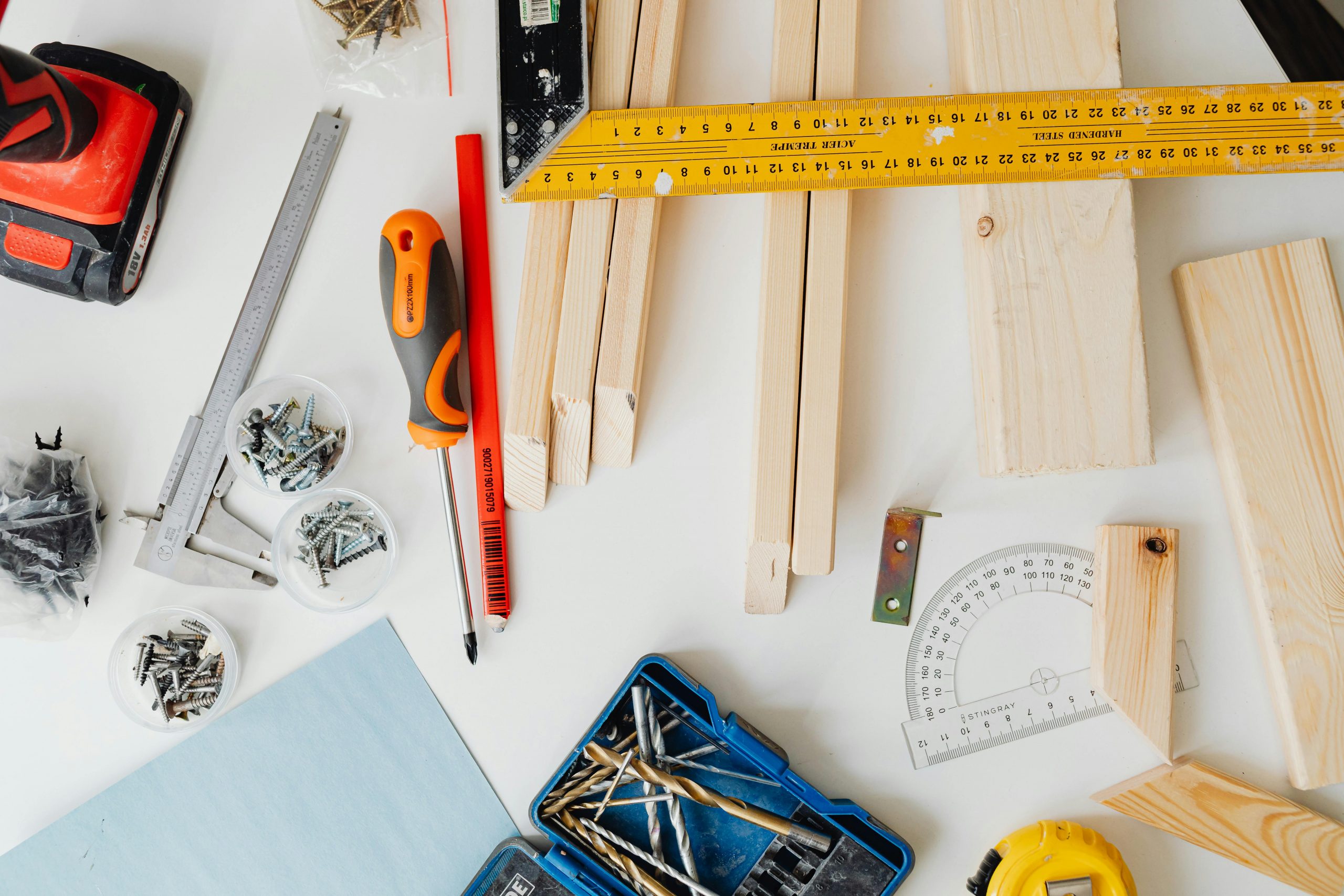 carpentry tools on a desk