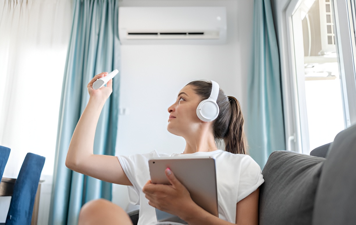 woman turning on an air conditioning unit with a remote control