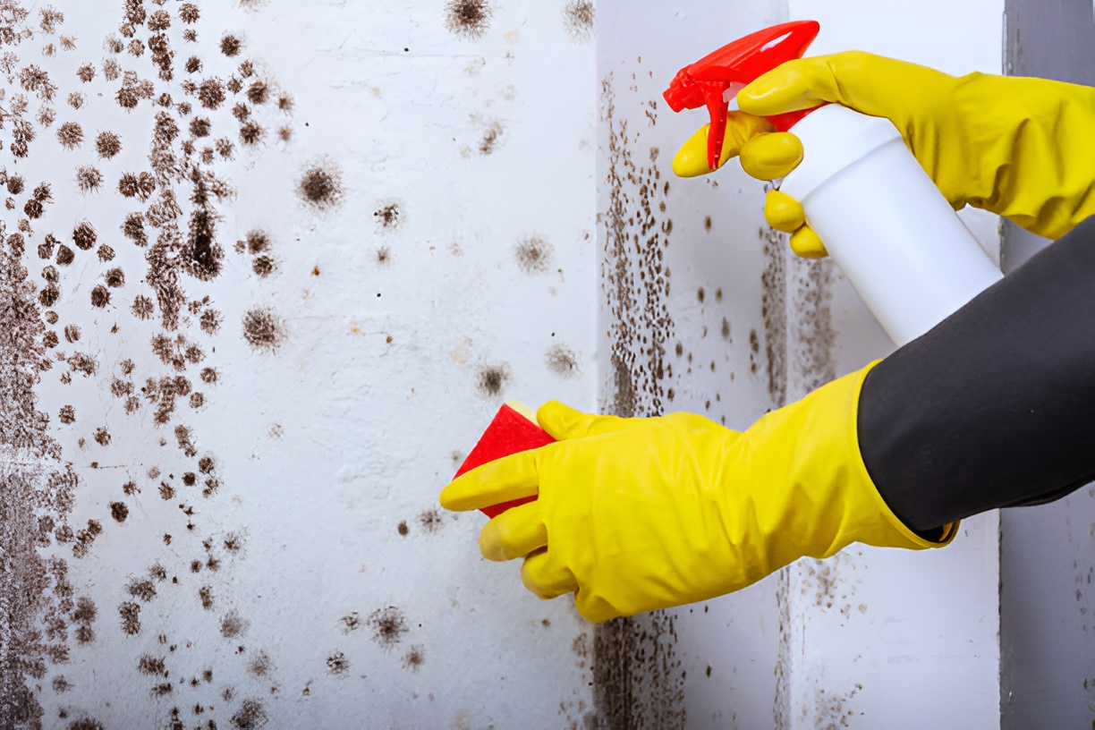 close-up of a person cleaning off black mold on a wall