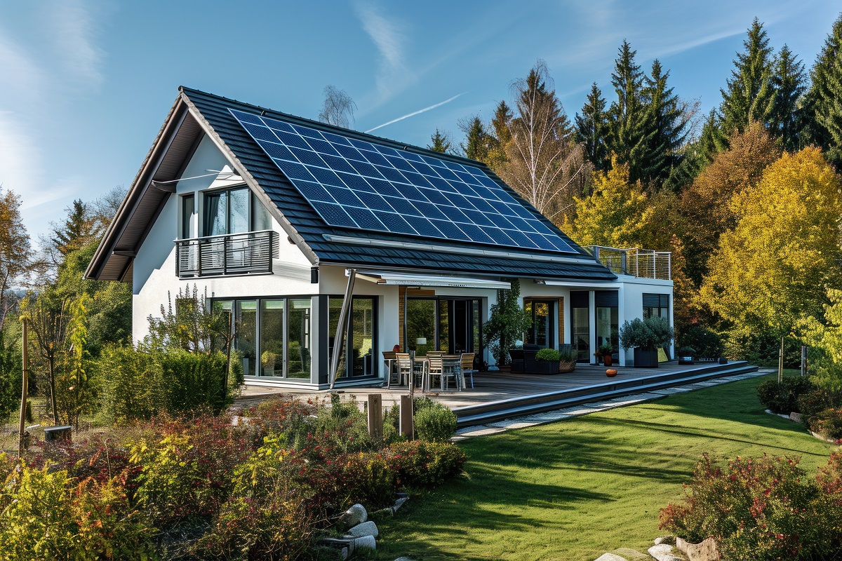 net-zero countryside home with solar panels